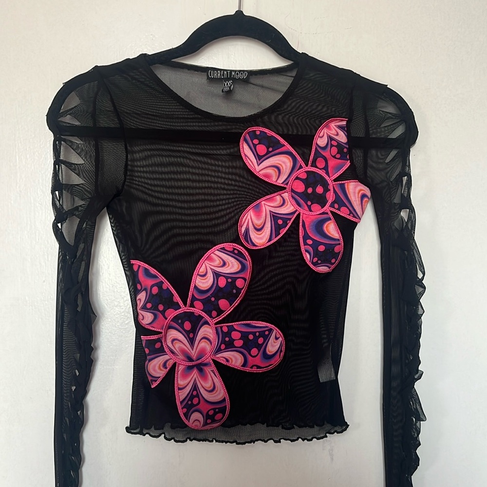 Current mood DOLLS KILL. Sheer Black Daisy shirt with slits on sleeves